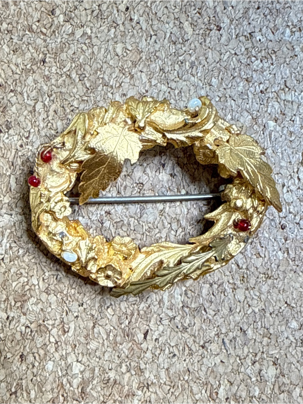 Gold Vintage Leaf Wreath Brooch with Red Accent Stones - Women Jewelry